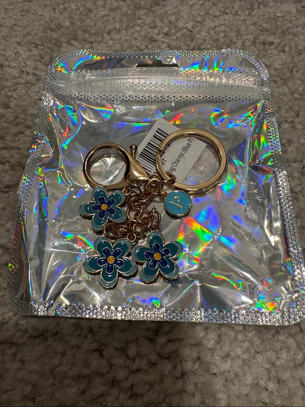 Blue Floral Charm Keychain - Gold Hardware
